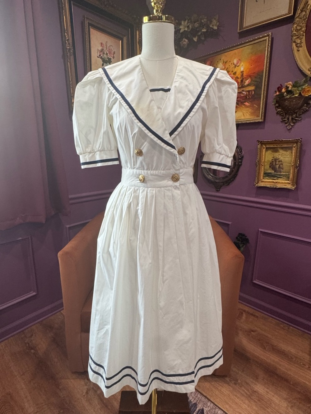 Vintage White Nautical-Trim Puff Sleeve Midi Dress